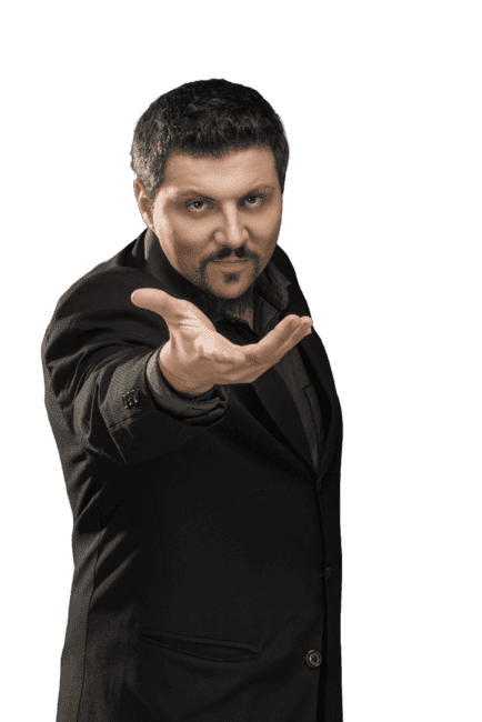 Kronnus, palestrante motivacional, estende a mão em um convite para sua palestra inovadora.